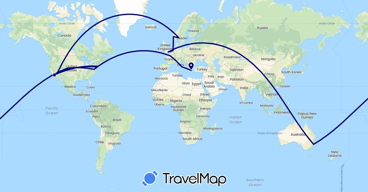 TravelMap itinerary: driving in Australia, France, United Kingdom, Greece, Italy, Netherlands, Norway, United States (Europe, North America, Oceania)